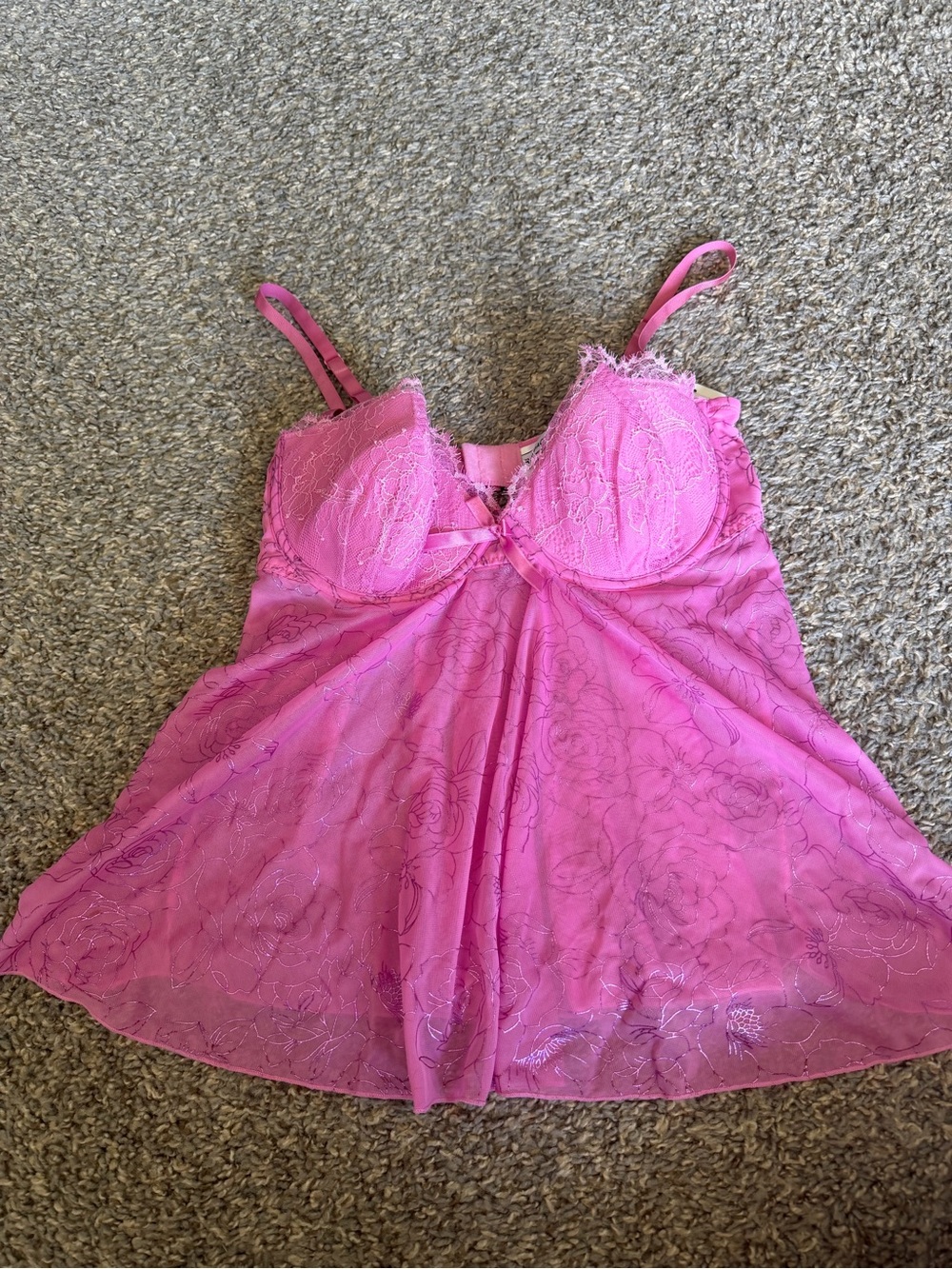 Rampage Hot Pink Lace Babydoll Chemise with Sheer Floral Overlay